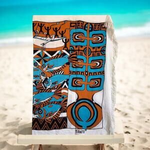 Tahiti wrap with fringe 56” x 45” swim cover up Turquoise Orange Design Print